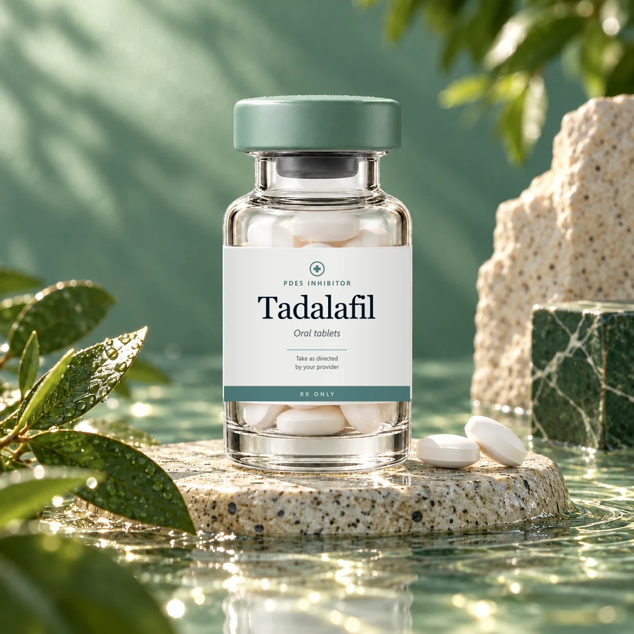 Tadalafil tablets in a vial on a stone pedestal