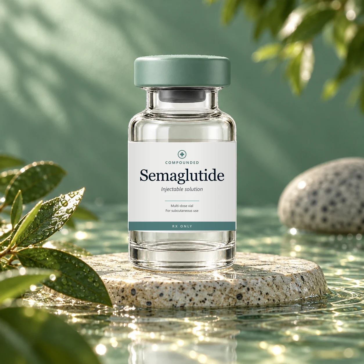 Semaglutide vial on a stone pedestal in water